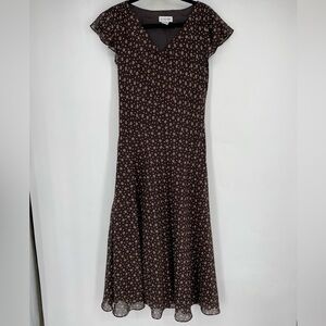 Vintage 90s JG Hook Womens 8 Brown Polka Dot Midi Dress Short Sleeve Romantic